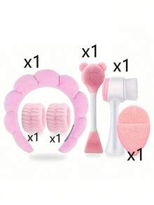 SHEIN 6 件/套面部清洁工具 - 包括便携式头带 + 2 个腕带、硅胶洁面刷、洁面垫 + 双头面膜刷 - 卸妆粉扑 - 旅行便携式面部清洁套装 - 适用于家庭美容程序、户外旅行、男女商务旅行的理想选择 - 彩色 - 查看 10