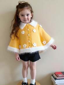 Casaco de Tricô Poncho Floral Amarelo Fofo e Casual para Meninas, Macio e Confortável, Adequado para Uso Diário, Outdoor, Viagem, Férias, Casa, Creche, Outono/Inverno, Natal, Volta às Aulas, Festa, Versátil Suéter de Inverno Natal Halloween Outono Inverno Casacos Suéteres - Amarelo - Visão 8