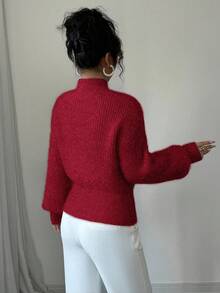 Elenzga 女式高领纯色落肩长袖蝴蝶结装饰时尚针织套头衫 - 紅色 - 查看 2