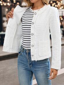 EMERY ROSE Women's Solid Color Minimalist Long Sleeve Overcoat, Daily Wear Tweed Jacket White Tweed Jacket Button Up Jacket Fringe Tweed Jacket Women Tweed Jacket In Fall/Winter - White - View 7