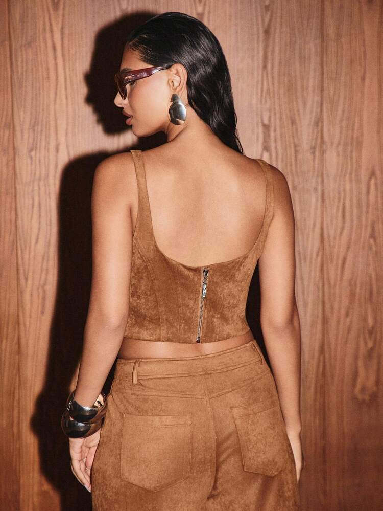 KIZN Suede Corset Top With Back Zipper Detail