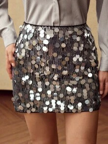 MOTF PREMIUM SEQUINS ZIP SIDE SKIRT - Silver - View 3