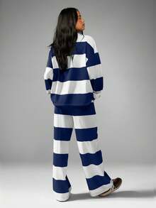 MISSGUIDED 女式学院风超大橄榄球 Polo 领运动衫休闲阔腿裤两件套秋冬休闲家居服套装 - 藏蓝色 - 查看 2