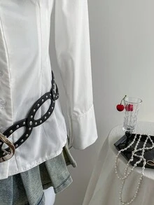 Elamini 女式纽扣长袖褶饰修身优雅纯色衬衫