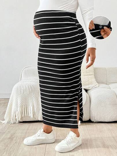 SHEIN 秋季大码孕妇休闲条纹可调节腰部开衩裤