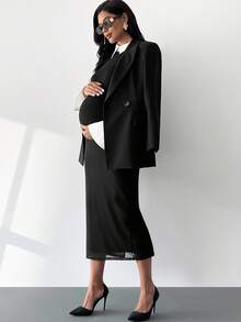 MaterniWear Umstands-Arbeitskleidung Umstands-Arbeitsoutfits Umstands-Arbeitskleidung Umstands-Arbeitskleider Elegantes Umstands-Pendlerkleid mit Kontrastbesatz und Seitenschlitz, Herbst - Schwarz - Übersicht 8