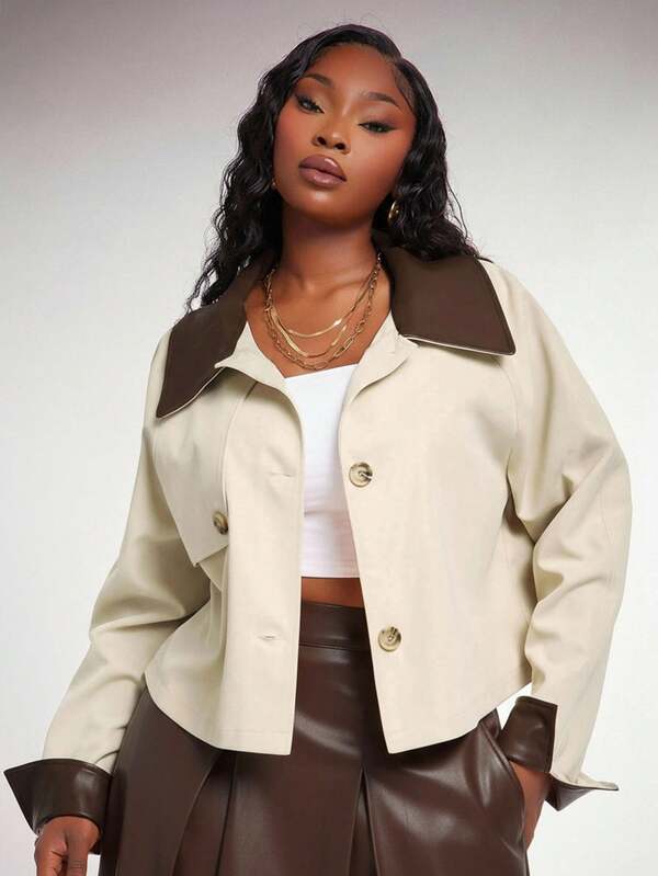 Radiana 大码女式休闲杏色拼接 PU 领和袖口宽松短款夹克，适合秋冬季办公室、生日