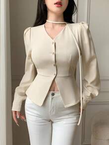 SHEIN LUNE Blusa Elegante Feminina de Cor Sólida com Manga Bufante, Abotoamento Único e Ajustada - Damasco - Visão 5