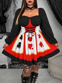 Whyspr Fall Autumn And Winter Grunge Punk Classic Playing Card Print Elegant Fitted Long Sleeve Dress - Black - View 1