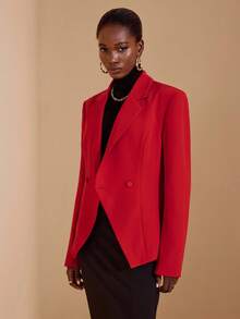 JIAN LASALA 翻领V领长袖修身红色西装外套，秋冬优雅休闲红色西装外套，女士红色套装，奢华时尚服装系列 - 紅色 - 查看 3