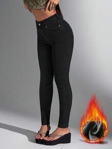 Jeanoix 女式高腰口袋紧身休闲保暖牛仔裤 - 黑色 - 查看 2
