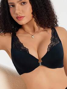 SHEIN 1pc Women's Solid Color Lace Patchwork Front Closure Underwire Bra - Black - View 5