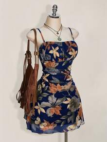 SHEIN ICON Plus Size Women Summer Vacation & Back To School Clothes, Vintage Maple Leaf Print Pleated Dress, Suitable For Summer