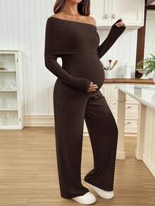 SHEIN 2pcs Maternity Set: Solid Color Fitted Long Sleeve Top And Wide Leg Pants - Brown - View 7