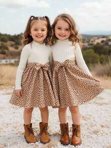 SHEIN Emery Rose Kids Kleine Mädchen Kleid mit rundem Ausschnitt, einfarbig, Patchwork, Blumenmuster, körperbetont