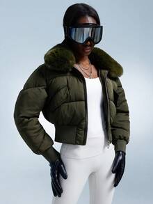 Aveloria GENKIRA 都市时尚短款翻领收腰金属拉链蓬松领口袋飞行飞行员夹克加厚保暖聚酯纤维合成保暖冬季大衣冬季夹克 - 軍綠色 - 查看 5