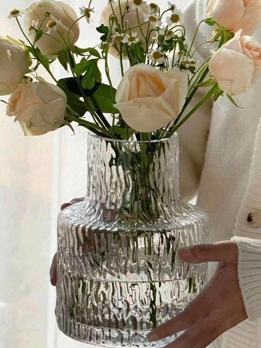 一套复古纹理玻璃花瓶，家居装饰玻璃花瓶，婚礼装饰，餐桌中心摆件透明花瓶，复古家居装饰花瓶，宽口花束容器，桌面装饰，水培植物容器