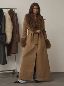 SHEIN BAE 女士纯色仿毛皮披肩领长袖长款优雅大衣，复古外套，秋冬季女装，万圣节装扮，音乐会服装，冬季女装毛皮大衣，时尚保暖，适合派对和外出。 - 咖啡棕 - 查看 5