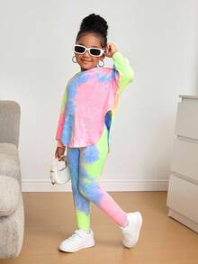 Bộ 2 áo hoodie và quần legging trễ vai họa tiết tie-dye bất đối xứng cho bé gái, thoải mái, phù hợp mặc thường ngày và đi học, phong cách đường phố, thời trang Y2K, thu/đông - Hồng - Xem 4