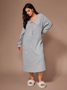 Lazeform 大码柔软亲肤休闲双口袋蝴蝶结睡衣睡袍，秋冬季，宽松睡裙 - 淺灰色 - 查看 5