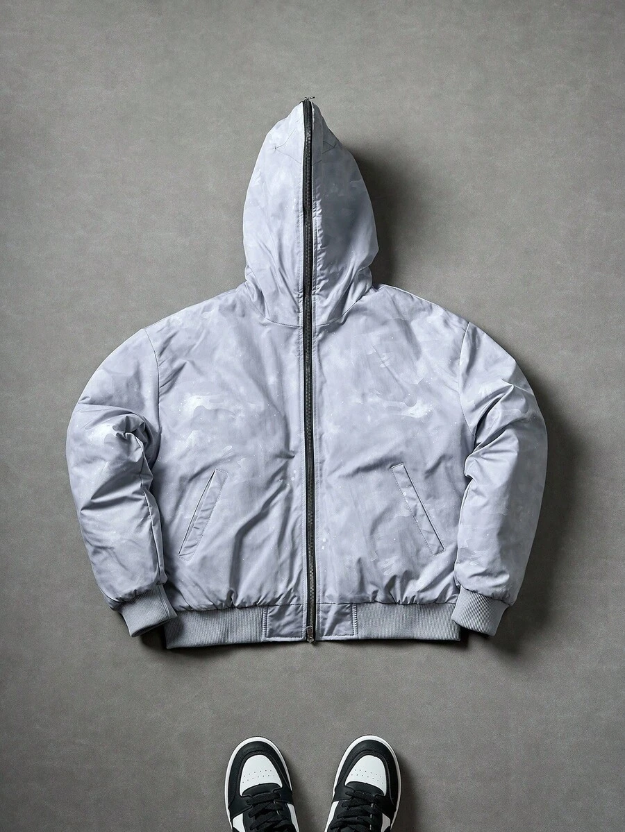 Manfinity Roghcode Men's Loose Hooded Long Sleeve Zip Up Windbreaker Jacket,Double-Zipper Design,Light Grey,Winter,Streetwear,Vacation,Fashionable Outdoor Outerwear,Gift - Light Grey - View 1