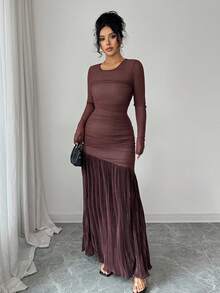 Rafferiza Damen elegantes figurbetontes Kleid mit rundem Ausschnitt, einfarbig, Langarm, Strick-Mesh-Patchwork, plissierter Saum