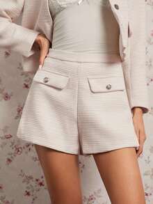 Enchnt Fall/Winter Romantic Women's Elegant Apricot Textured Fabric Flap Detail Shorts,Sweet&Elegant&Fashionable For Vacation&Date&Holiday&Birthday&Party&Graduation&Wedding Guest&Office&Going Out,Back To School,Fall Shorts For Women,Autumn Clothes - Beige - View 2
