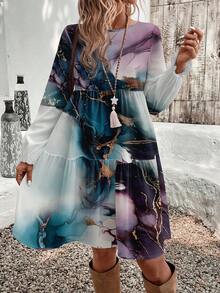 SHEIN LUNE 休闲优雅大理石扎染浪漫复古印花图案女式中长连衣裙，适合外出约会，秋冬季 - 彩色 - 查看 5