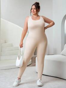 SHEIN CURVE+ Plus Size Women Solid Color Comfortable Elastic Lifting Sleeveless Slim Fit Jumpsuits - Apricot - View 3