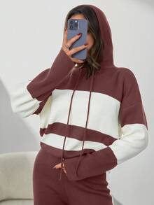 SHEIN Tall Two Tone Drop Shoulder Drawstring Hooded Sweater & Split Hem Knit Pants - Dusty Pink - View 4