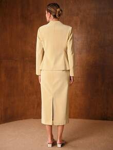 MOTF PREMIUM WOMEN'S PU BLAZER & SKIRT 2 PIECES SUIT, FITTED, AUTUMN/WINTER - Yellow - View 4