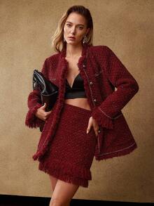 MOTF PREMIUM TWEED RAW EDGE TRIM PATCH POCKET JACKET FOR WINTER - Burgundy - View 7