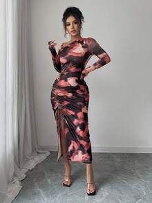 Elenzga 女士斜肩长袖修身腰部抽绳开叉扎染印花优雅精致连衣裙