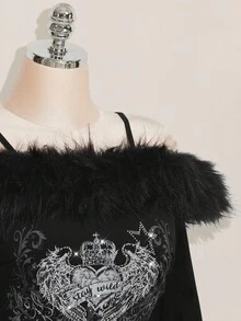 SHEIN ICON 女式加大码复古朋克性感 Y2K 短款上衣，罗纹拼接露肩长袖修身 T 恤，秋冬