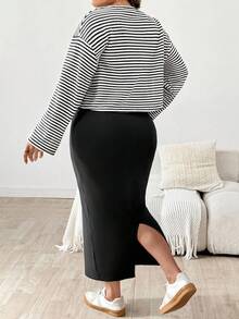 SHEIN 2pcs/Set Maternity Plus Size Striped Drop Shoulder Long Sleeve T-Shirt And Sleeveless Dress, Casual - Black - View 7