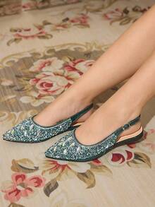 CUCCOO TILAWA 1 Paar modische und elegante Damen Spitzschuh Glitzer Silber Ballerinas mit Strass - Grün - Übersicht 3