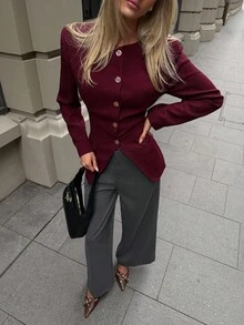 Aloruh 女式勃艮第粗花呢西装外套，金属纽扣装饰腰部收紧复古浪漫通勤时尚外套，秋冬 - 酒紅色 - 查看 6