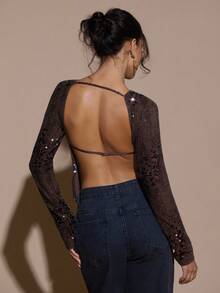 SHEIN BAE Women's Fashionable Sexy Sequin Backless Long Sleeve T-Shirt