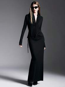 MYSTAURA Personalized Design Plunging Neckline Long Sleeve Drawstring Waist Skirt Set - Black - View 4