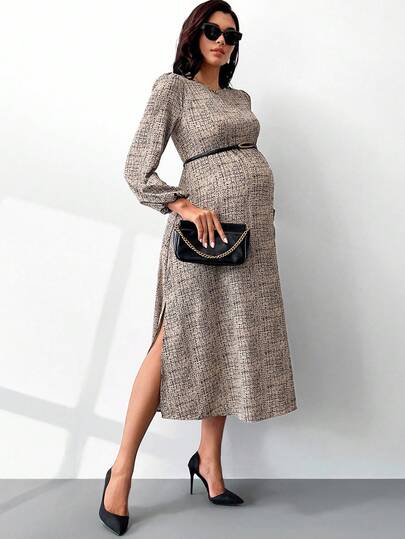 MaterniWear 孕妇休闲通勤亚麻灯笼袖高开衩下摆连衣裙，不含腰带，春秋