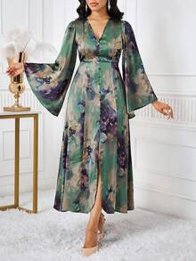 SHEIN Lady 女式优雅度假风格全印花 V 领喇叭袖腰部收紧长裙，春秋 - 彩色 - 查看 4