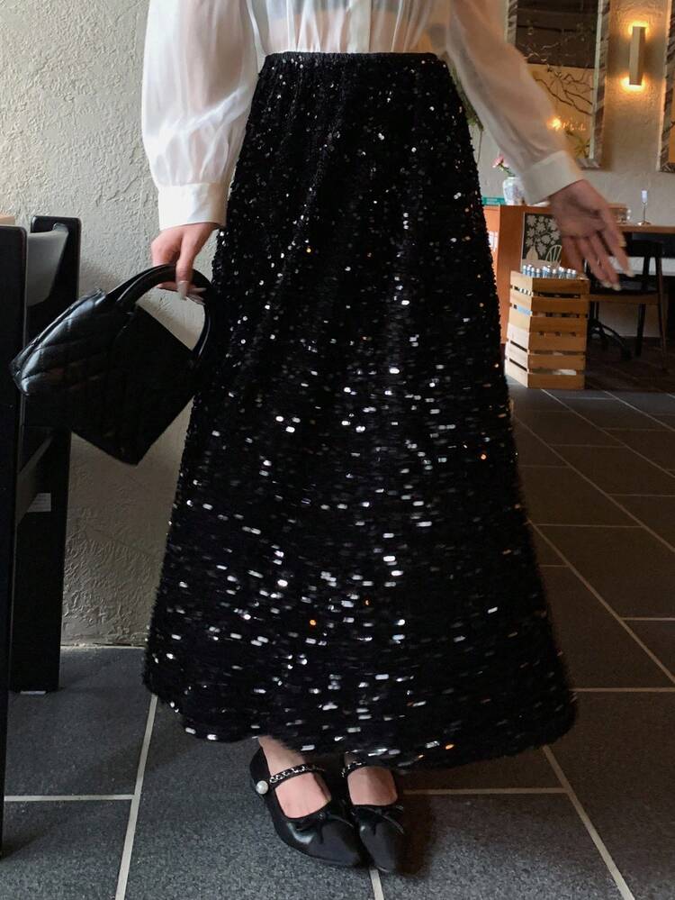 Women's Sequin Embellished Solid Color Elegant A-Line Skirt,New Year Winter Women Skirts Carnival