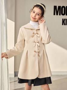Tween Girls' Elegant Commuter Sailor Collar Bowknot Waist A-Line Princess Coat - Khaki - View 4