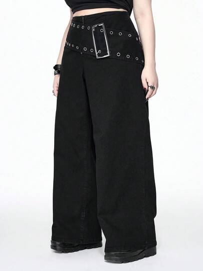 Grunge Punk Vintage schwarzer vielseitiger loser Punk Taillengürtel Schlankheits Jeans in Große Größen