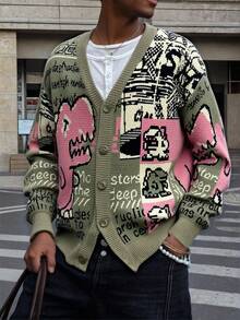 Manfinity CasualKnits Unisex Casual Loose Fit Pullover Sweater, Solid Color Or Cartoon Intarsia Pattern, Suitable For Autumn/Winter, Back To School - Green - View 2