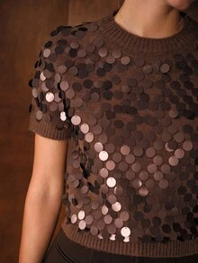 MOTF PREMIUM FASHIONABLE VERSATILE SEQUIN EMBELLISHED SHORT SLEEVE KNIT TOP - Brown - View 6