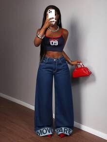 Slaydiva 女装时尚通勤字母印花阔腿牛仔裤阔腿牛仔裤套装Y2K翻边直筒裤字母印花时尚出游衣服 - 深色水洗藍 - 查看 2