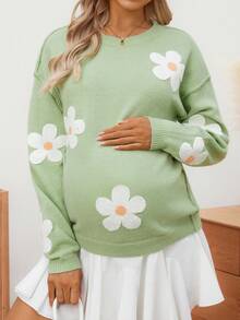 SHEIN Women Loose Fit Contrast Color Towel Embroidery Design Maternity Sweater, Long Sleeve Knitted Pullover For Autumn/Winter - Green - View 7