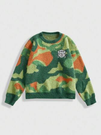 Street Life Jersey de punto jacquard con camuflaje para hombres, cuello redondo de manga larga, otoño/invierno