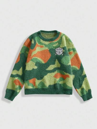 Street Life كنزة صوفية كنزة رجالية مطرزة بنقشة الكامو، عنق طاقم أنيق بأكمام طويلة، للخريف/الشتاء